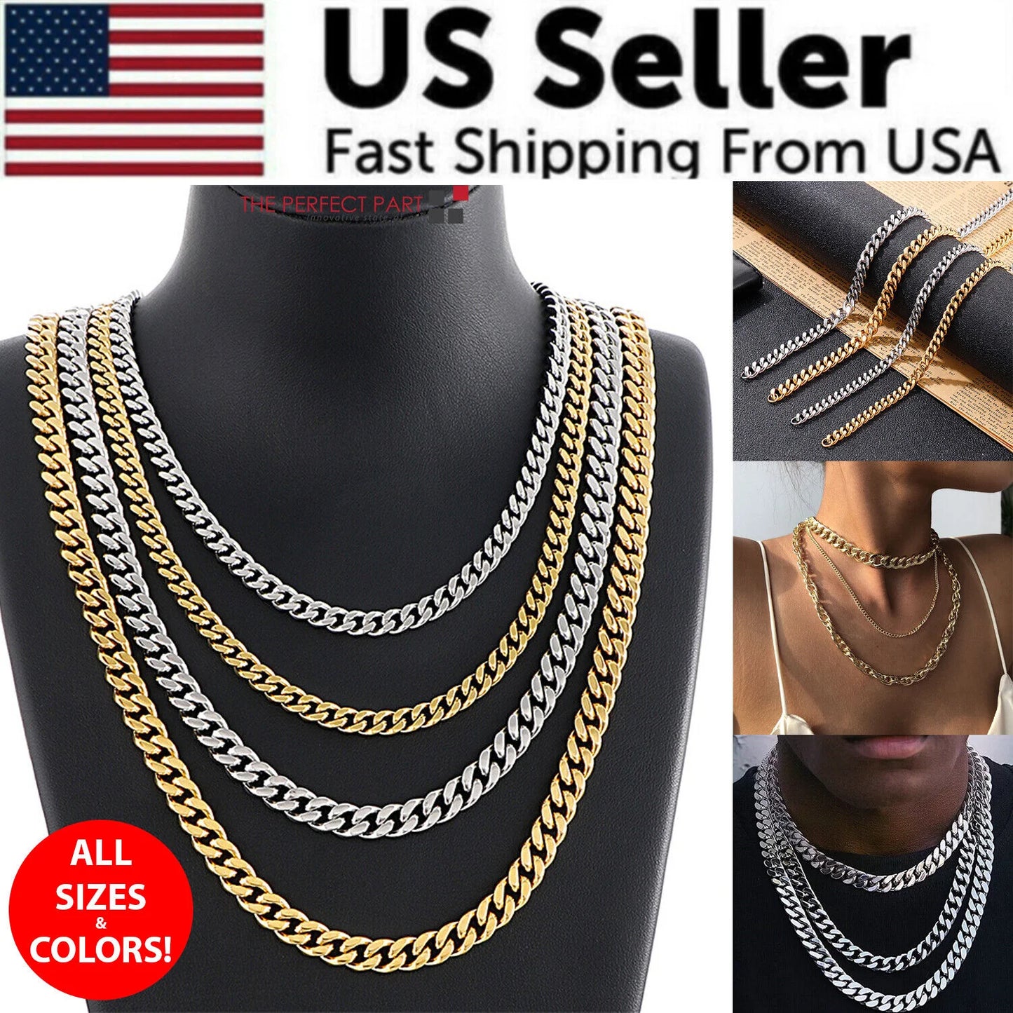 Stainless Steel Gold Silver Chain Cuban Curb Womens Mens Necklace 3/5/7/9/11Mm