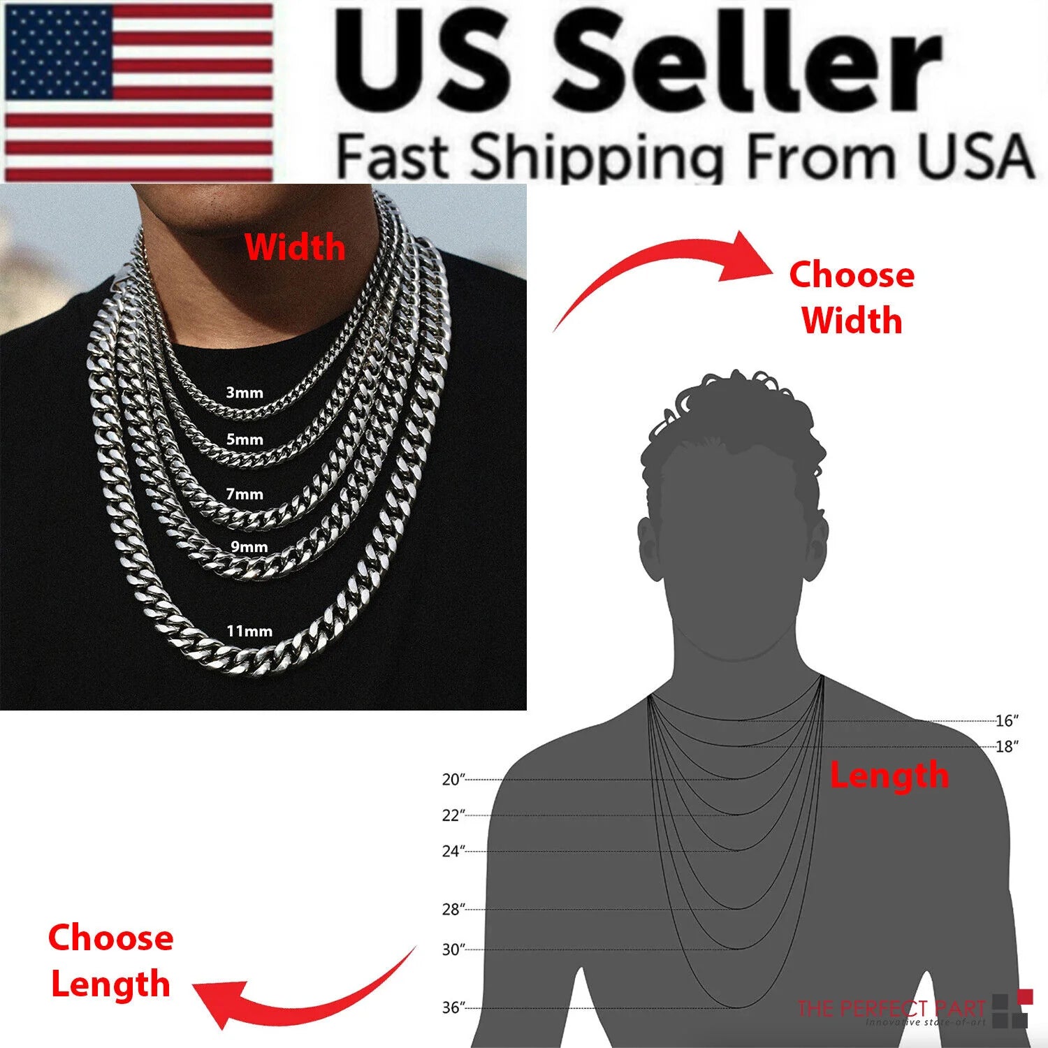 Stainless Steel Gold Silver Chain Cuban Curb Womens Mens Necklace 3/5/7/9/11Mm